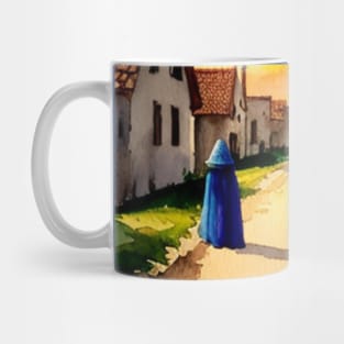 A blue-cloaked figure walking in a medieval village Mug